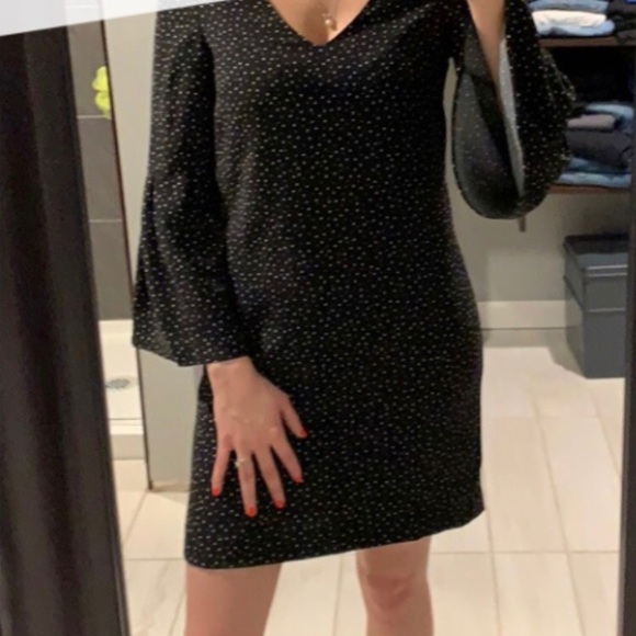 H&M Flare Sleeve Mini Shift Dress in Swiss Dot Black Brown - Picture 5 of 9